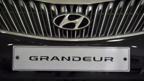 A Hyundai Grandeur grille and nameplate at a Hyundai dealership in Seoul, South Korea, October 2016