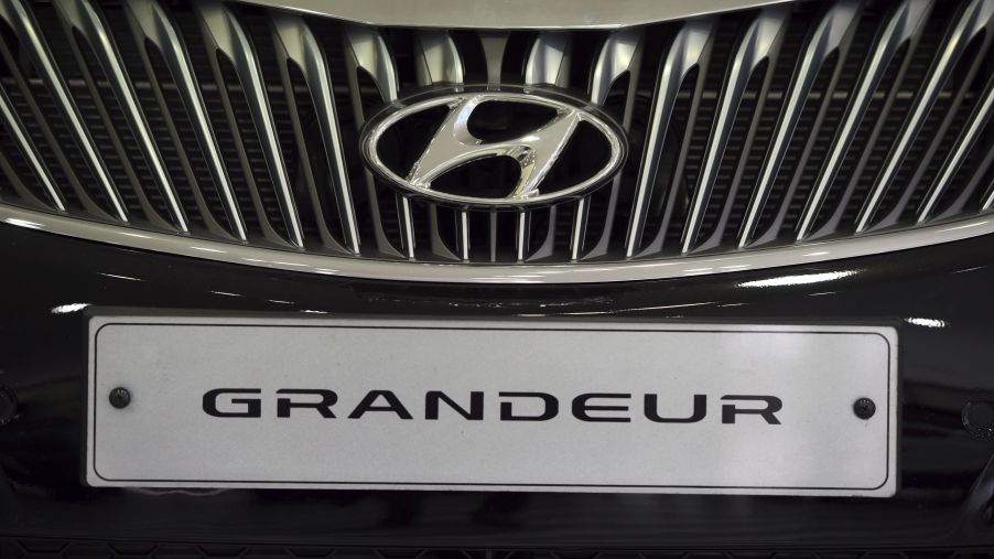 A Hyundai Grandeur grille and nameplate at a Hyundai dealership in Seoul, South Korea, October 2016