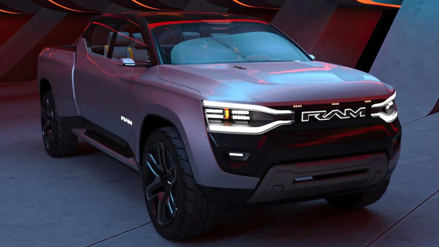 A gray Ram Revolution BEV concept electric full-size pickup truck.