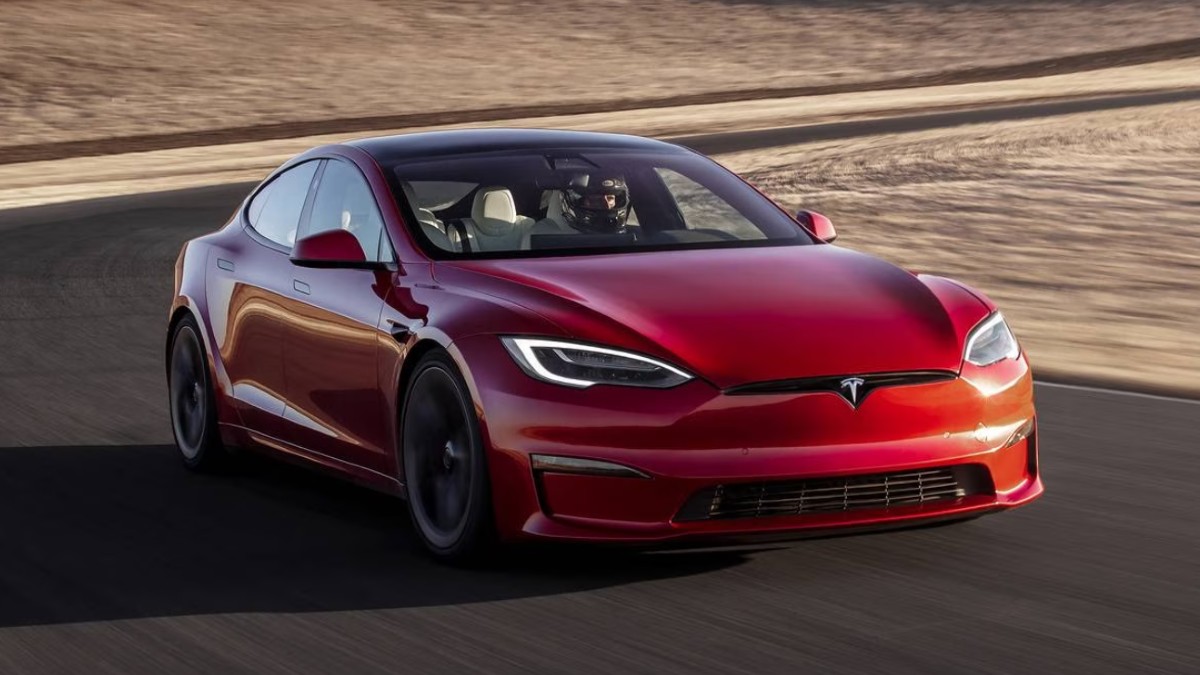 Red 2023 Tesla Model S on a Test Track