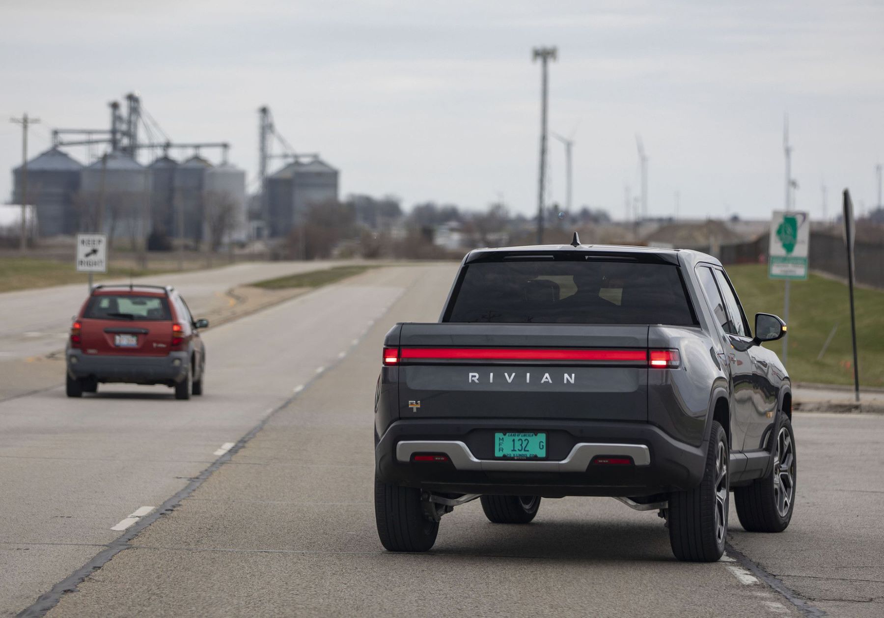 A Rivian R1T all-electric pickup truck outside of a vehicle plant in Normal, Illinois