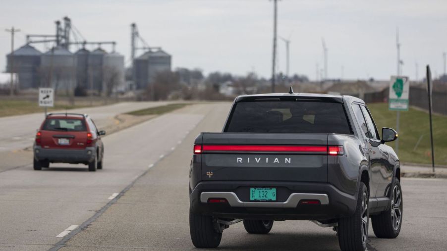 A Rivian R1T all-electric pickup truck outside of a vehicle plant in Normal, Illinois