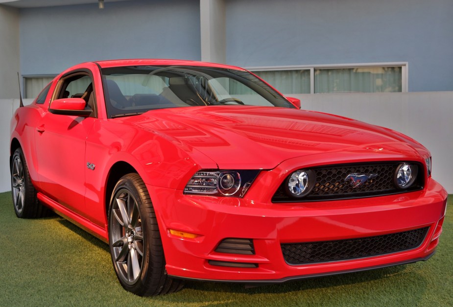 The 2014 Ford Mustang GT has angular retro styling unlike the S550 Mustang that came after it. 