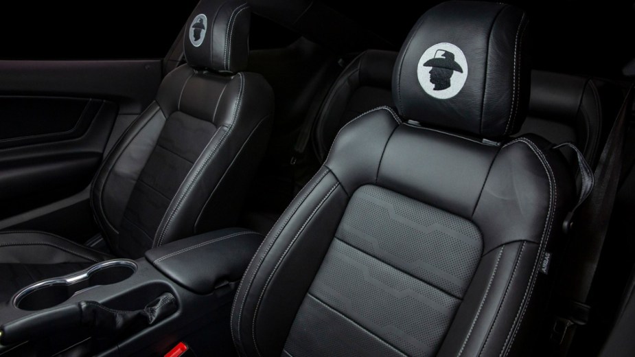 Shelby American Centennial Edition Seats showing the silhouette of Carroll Shelby