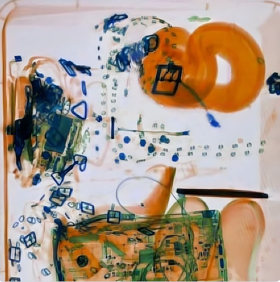 X-Ray image of a boa constrictor in airplane carry-on bag