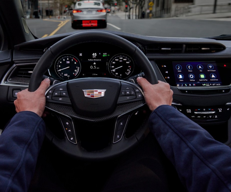 Steering wheel in 2023 Cadillac XT5 luxury SUV, only new Cadillac model recommended by Consumer Reports in 2023