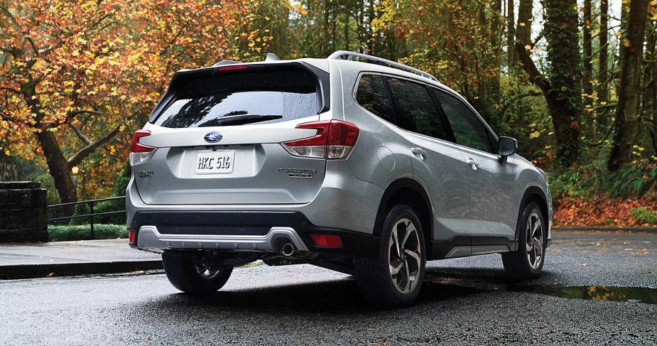 The rear-end of a grey 2023 Subaru Forester.