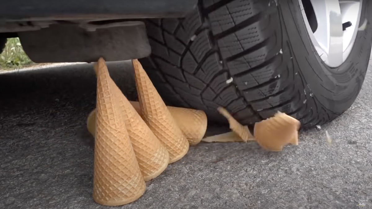 Tire runs over ice cream cones in viral YouTube video of car crushing soft and crunchy things