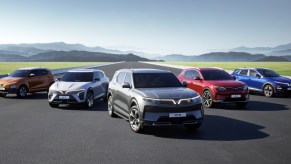 VinFast electric SUVs are parked.