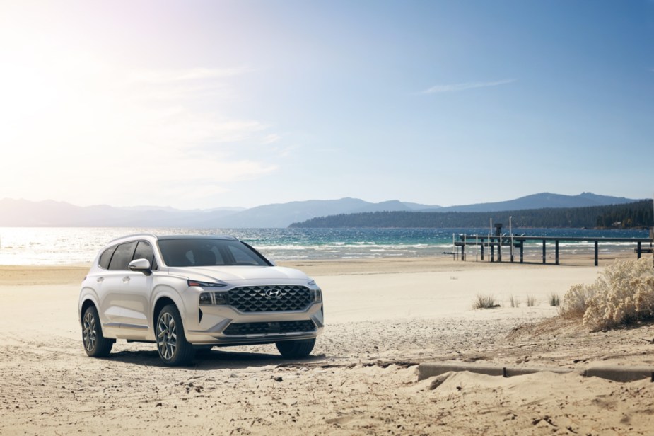 The best Hyundai SUVs for 2023 include the Santa Fe photographed on the beach