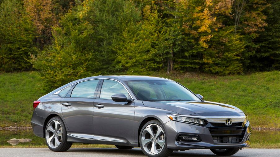 A gray 2019 Honda Accord midsize sedan model with a background of forest trees