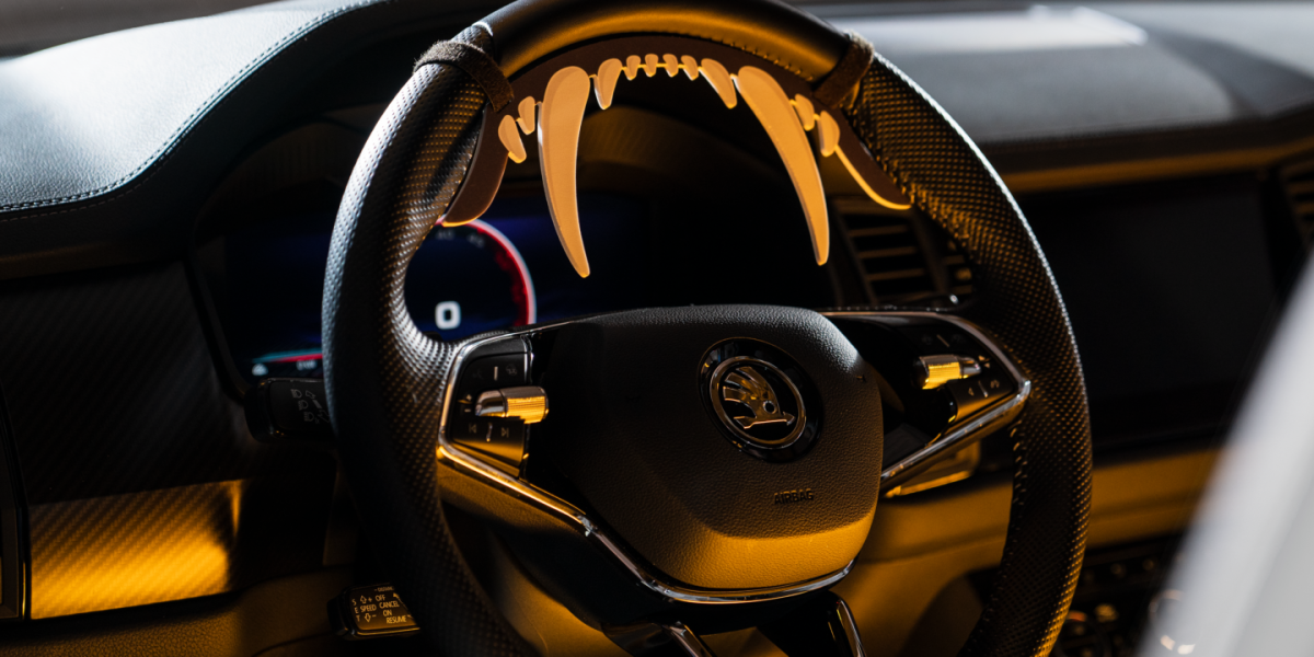 The steering wheel of a custom Skoda for the Nashville Predators