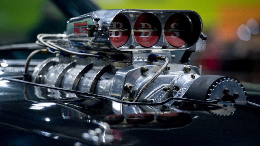 Closeup of the BDS blower in a 1970 Dodge Charger R/T that was driven by Vin Diesel's Dominic Toretto in the Fast and Furious franchise.
