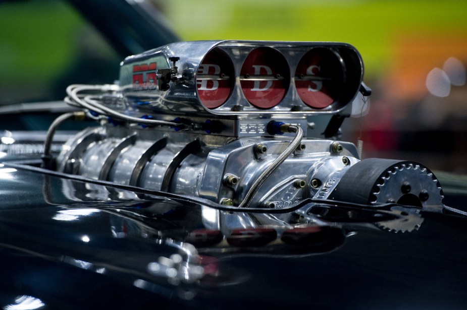 Closeup of the BDS blower in a 1970 Dodge Charger R/T that was driven by Vin Diesel's Dominic Toretto in the Fast and Furious franchise.