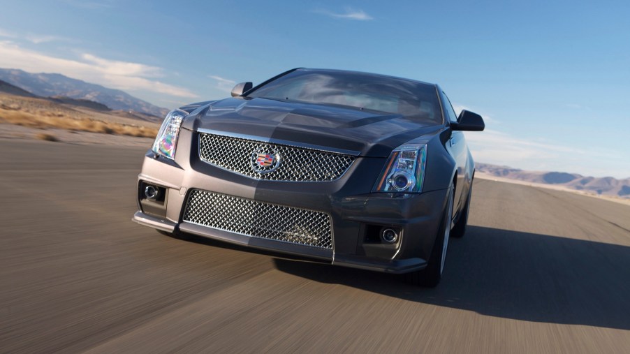A Cadillac CTS-V blasts down a test track using its Corvette Z06 motor.