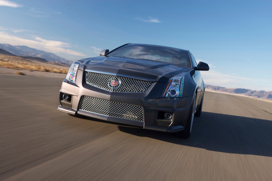 A Cadillac CTS-V blasts down a test track using its Corvette Z06 motor. 