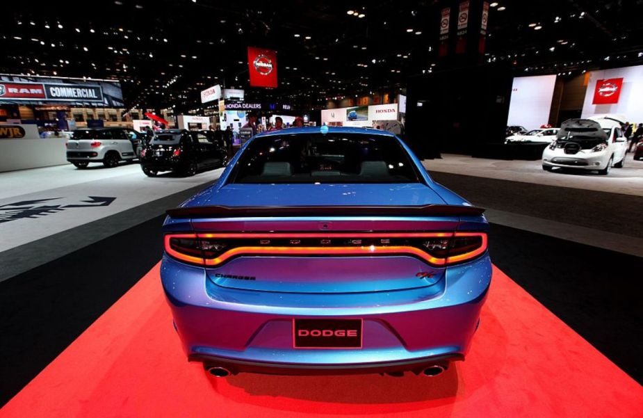 A 2015 Dodge Charger on display at an auto show.