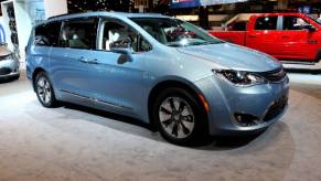 A 2017 Chrysler Pacifica Hybrid on display at an auto show.