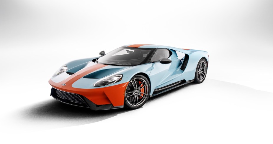 The 2019 Ford GT Heritage edition wearing the classic Gulf Oil racing liveries colors from the 1968 and 1969 Le Mans race.