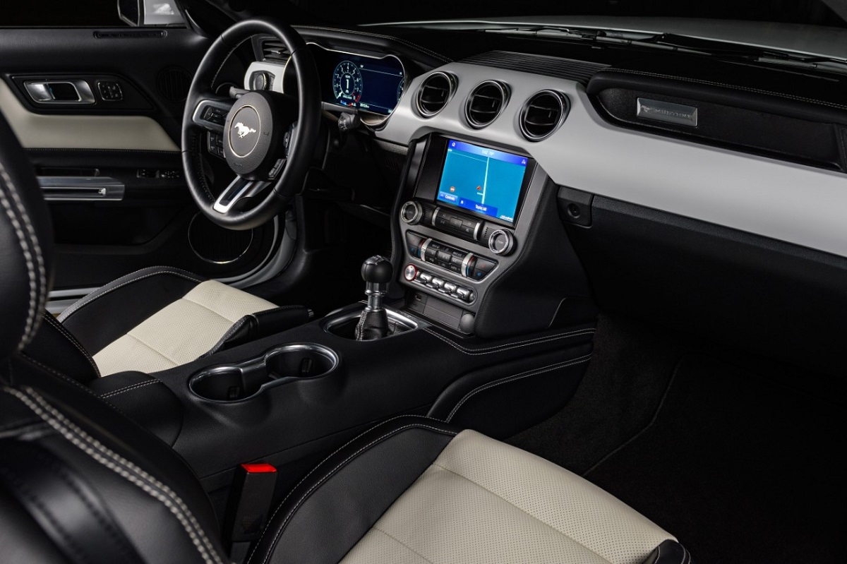 The 2022 Ford Mustang shows off its interior, complete with SYNC 3 infotainment system.