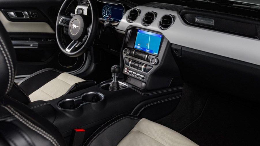 The 2022 Ford Mustang shows off its interior, complete with SYNC 3 infotainment system.