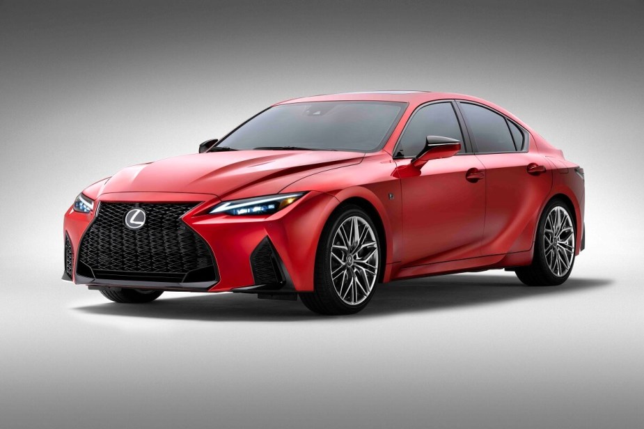 A new 2023 Lexus IS 500 F SPORT Performance shows off its styling and red paintwork. 