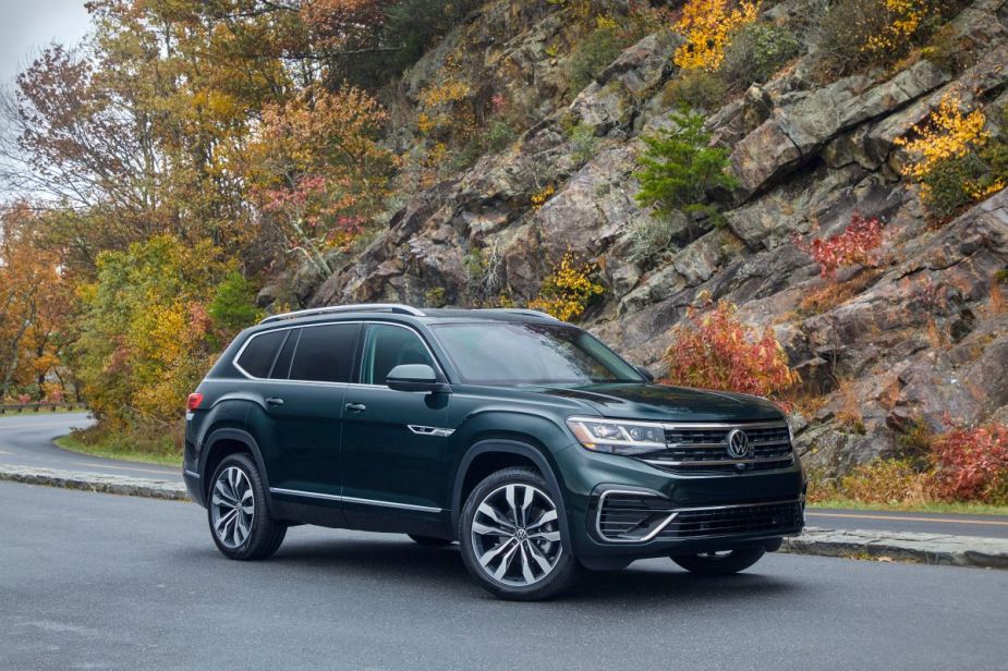 A 2022 Volkswagen Atlas driving down the road.