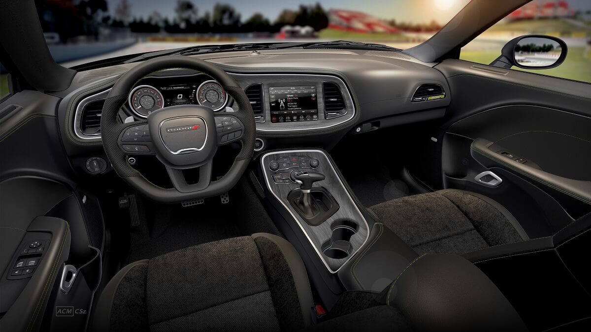 A 2023 Dodge Charger shows off its interior and Uconnect infotainment system with a touchscreen.