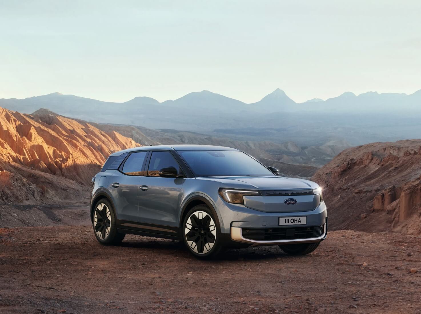 The 2023 Ford Explorer EV parked in sand