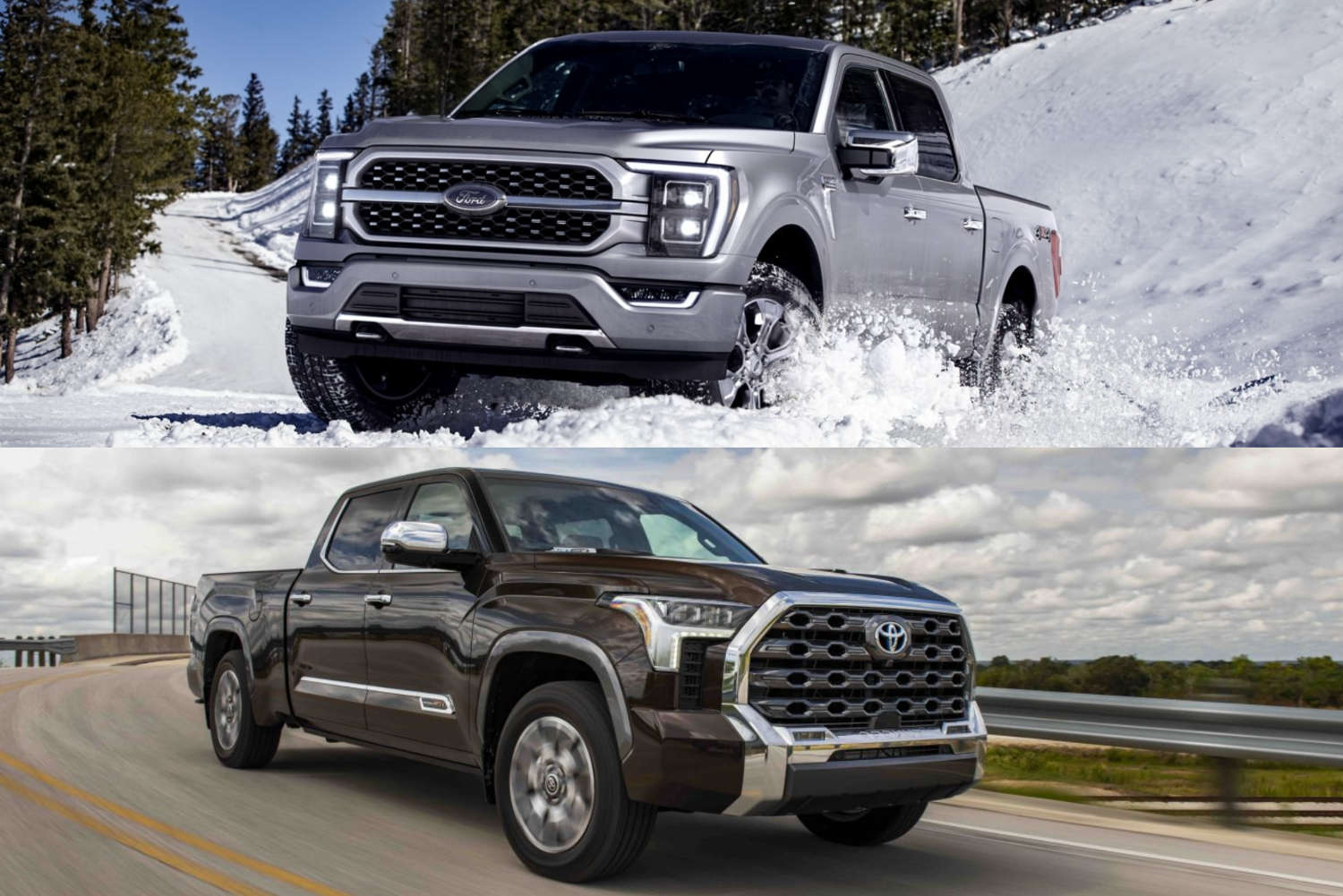 The 2023 Ford F-150 in the snow and the 2023 Toyota Tundra on the road