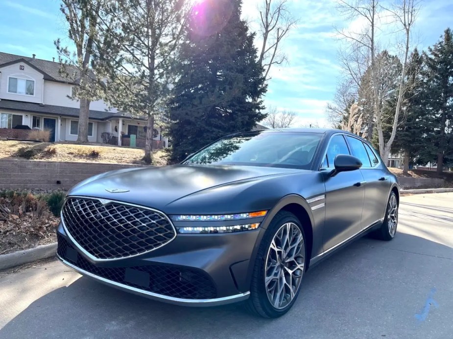 The Genesis G90, shown from the front, is the safest luxury car of 2023