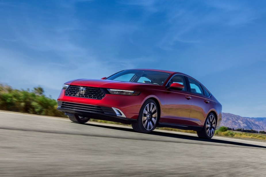 A red 2023 Honda Accord shows off its redesigned new car looks. 