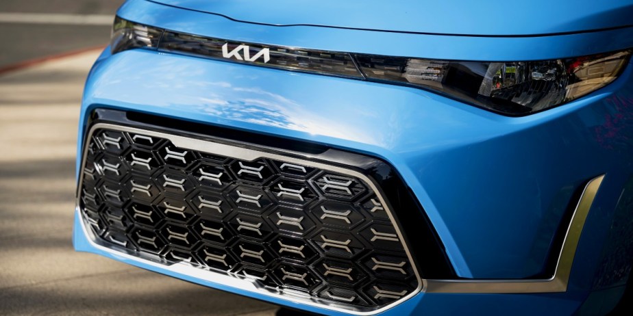 The front of a blue 2023 Kia Soul subcompact SUV.