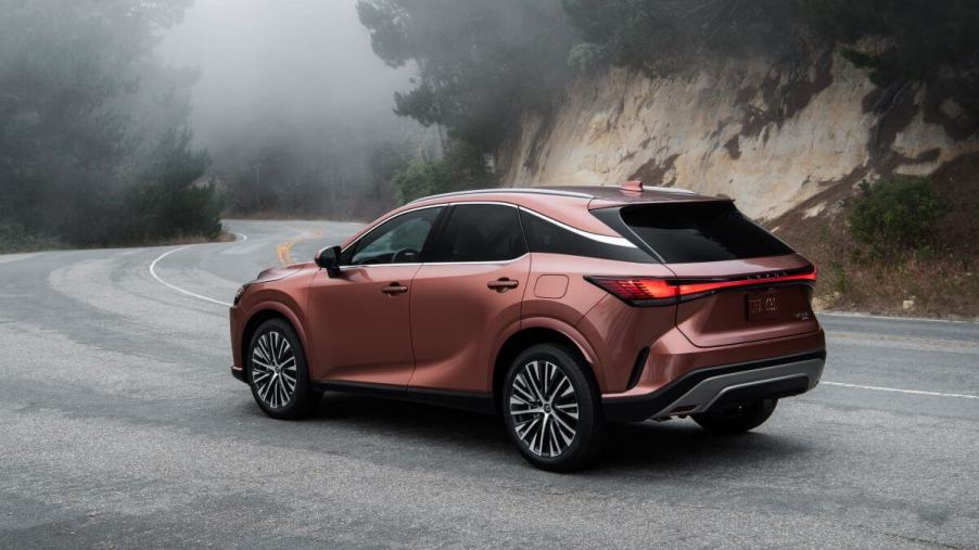 2023 Lexus RX 350 Premium AWD luxury SUV model in Copper parked on a foggy highway mountain road