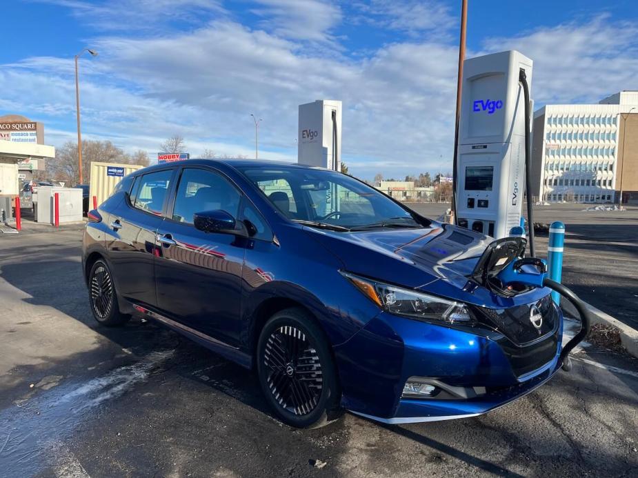 2023 Nissan Leaf SV plugged into EVGO charger