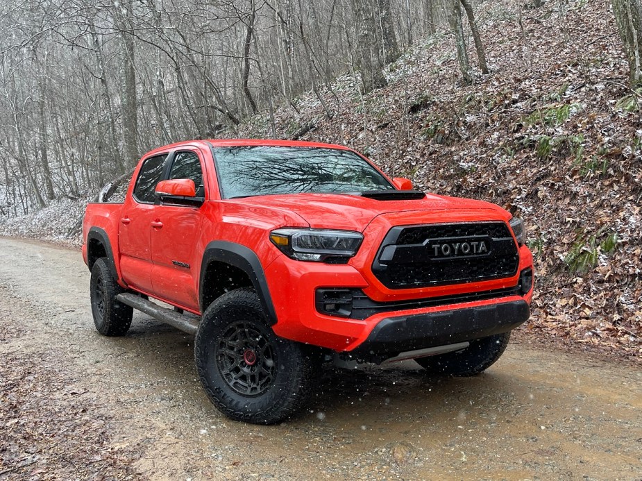 The 2023 Toyota Tacoma shows off its aggressive looks as a midsize pickup.