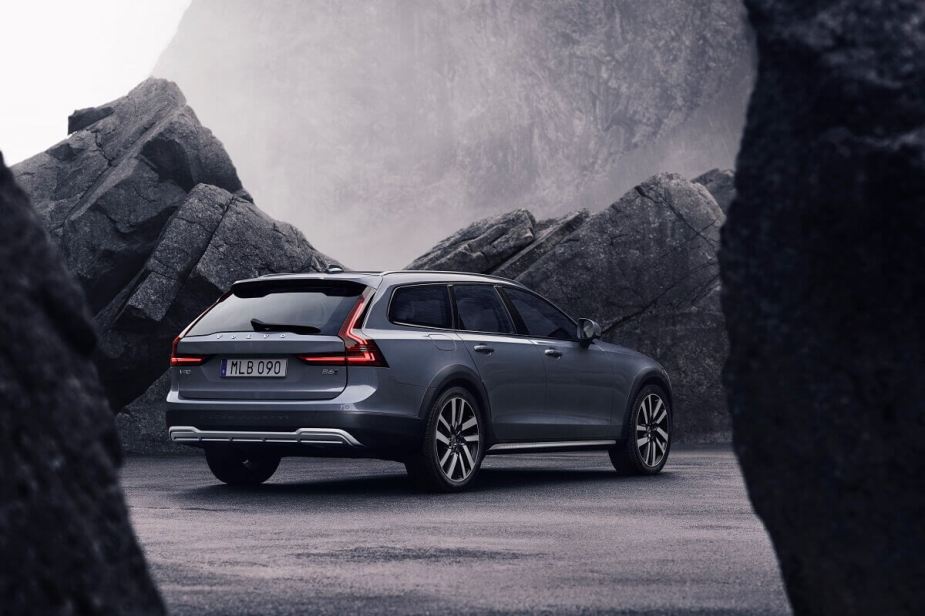 One of the safest cars on the market, a gray 2023 Volvo V90 shows off its wagon proportions. 