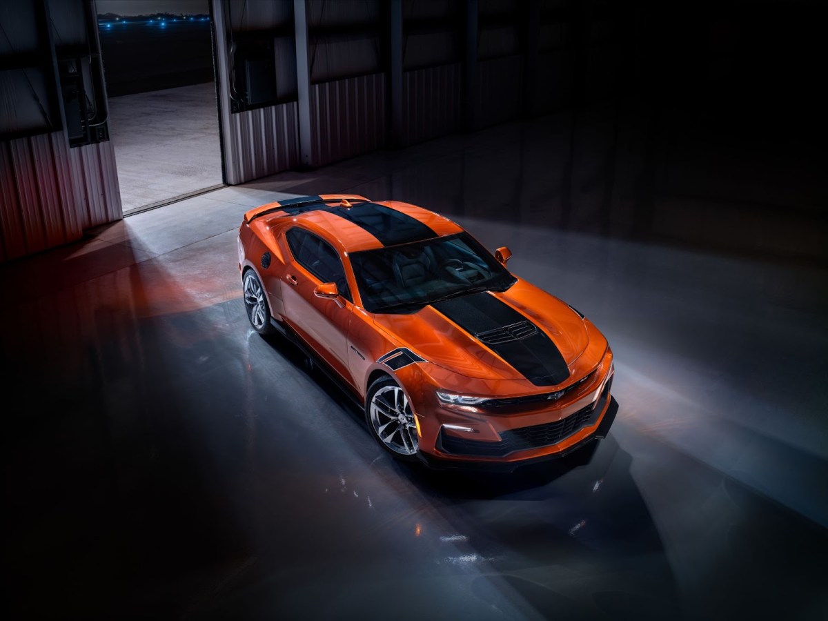 The Chevy Camaro in orange with a black stripe down the center