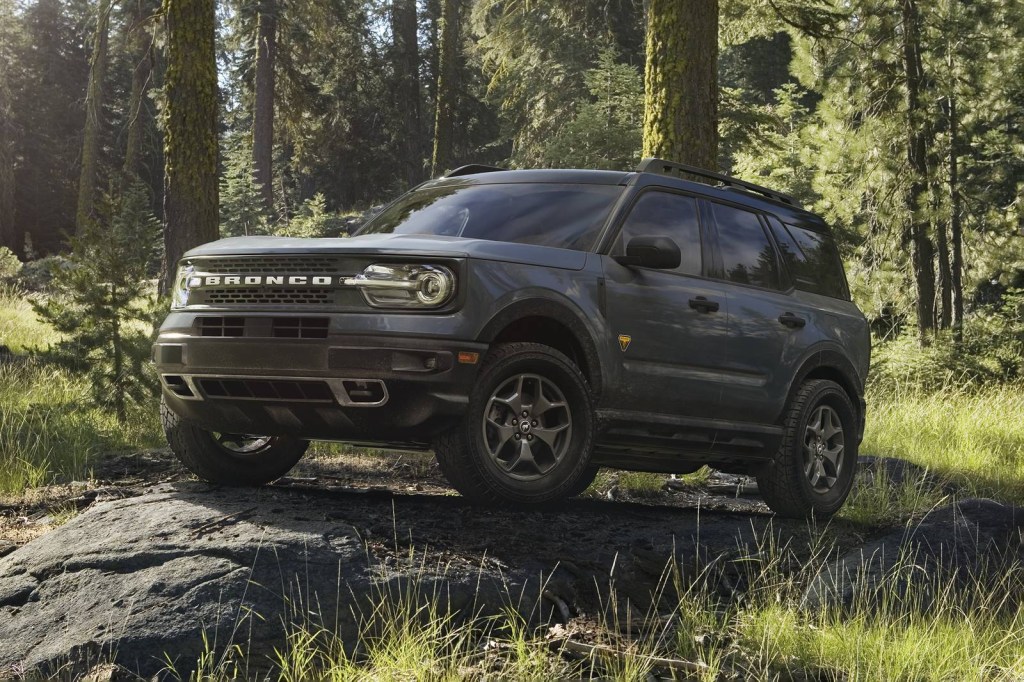 The 2023 Ford Bronco Sport off-roading in the woods 