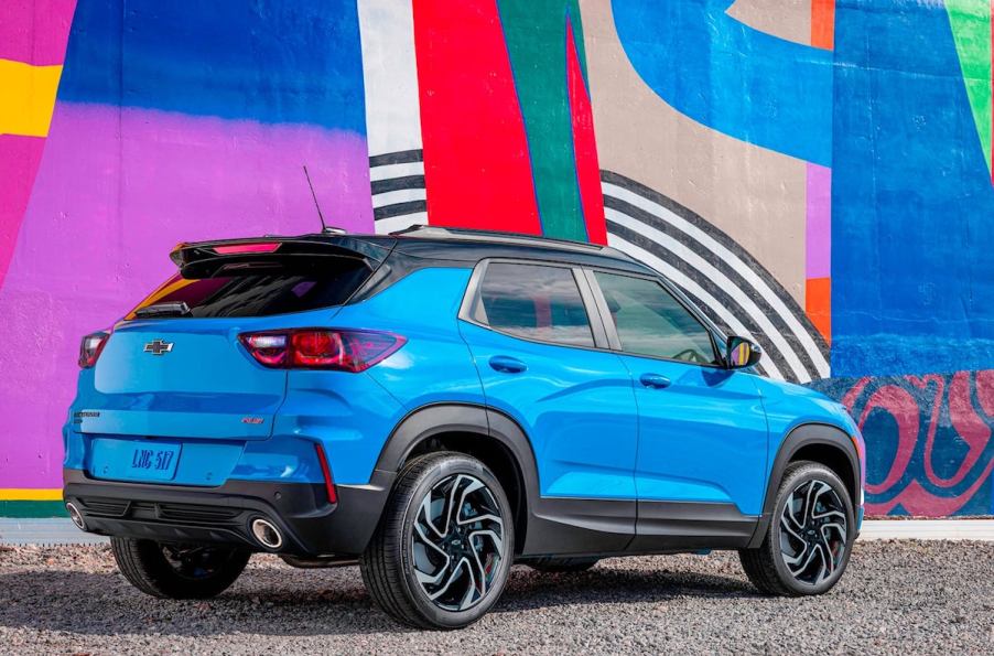 A blue Chevy Trailblazer on display.