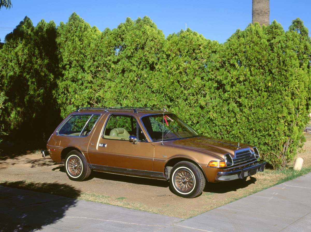 A brown AMC Pacer in front of a green bush