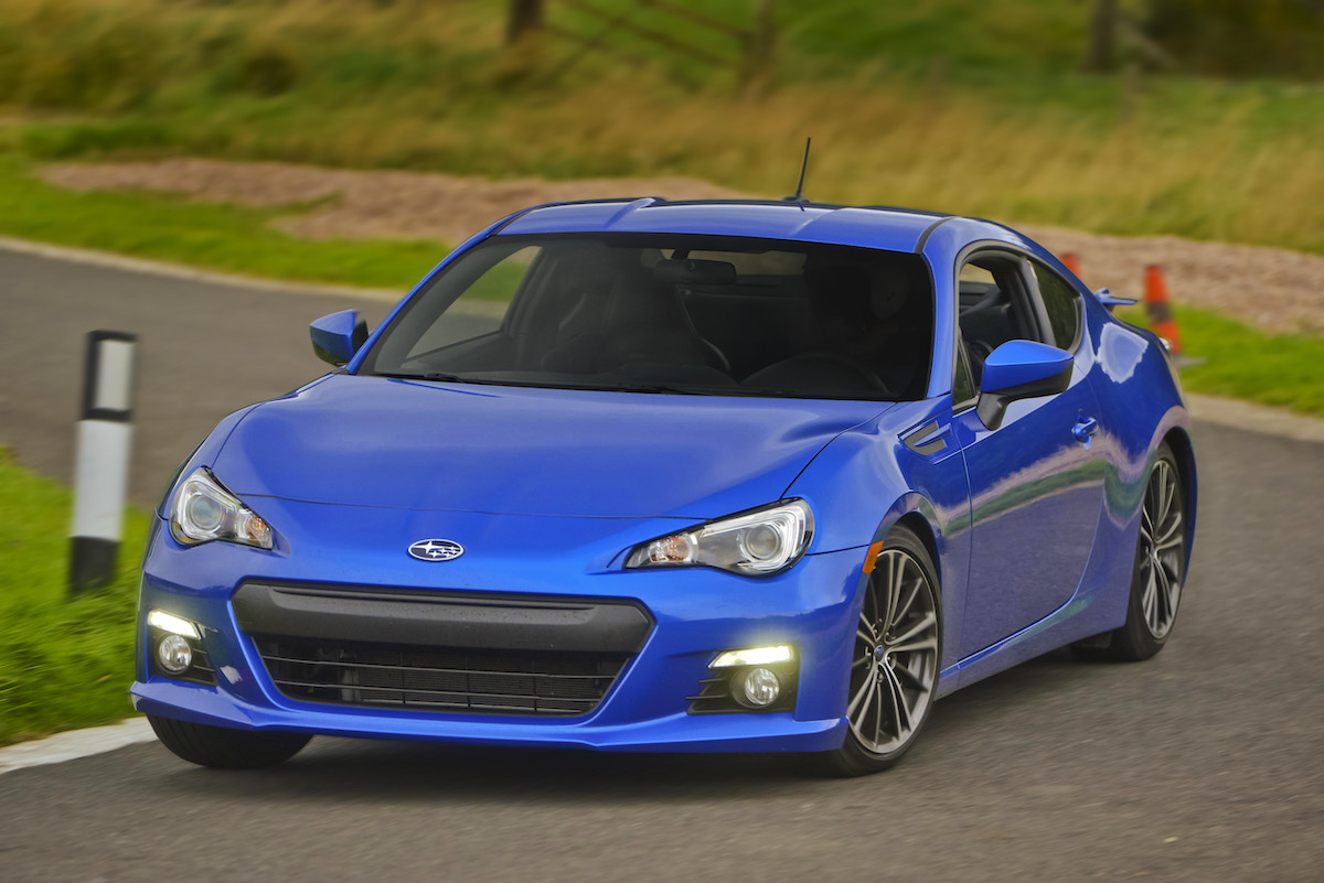 A blue Subaru BRZ, which makes people wonder why BRZ stands for.