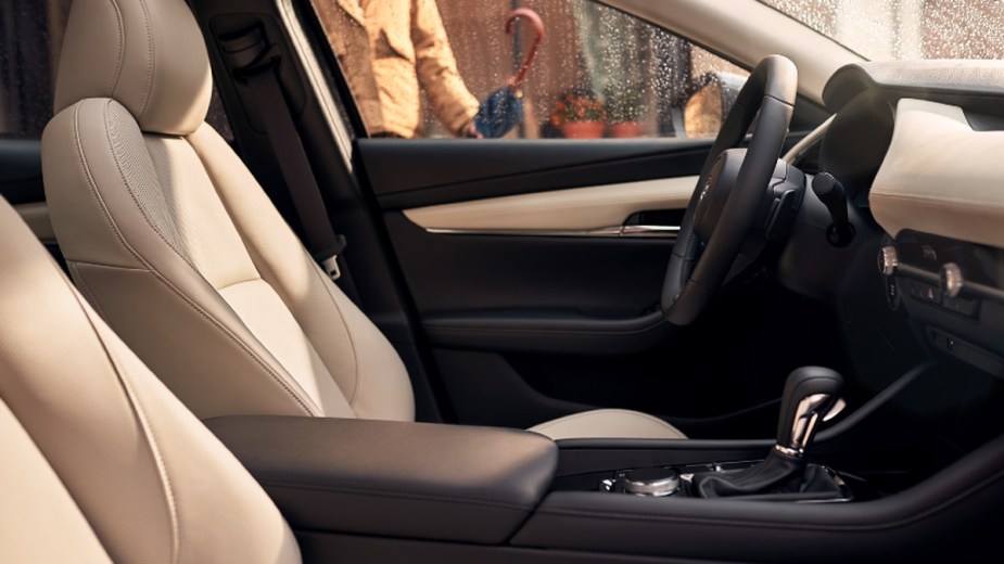 Beige front seats in 2023 Mazda3 Sedan, the most affordable new Mazda car in 2023