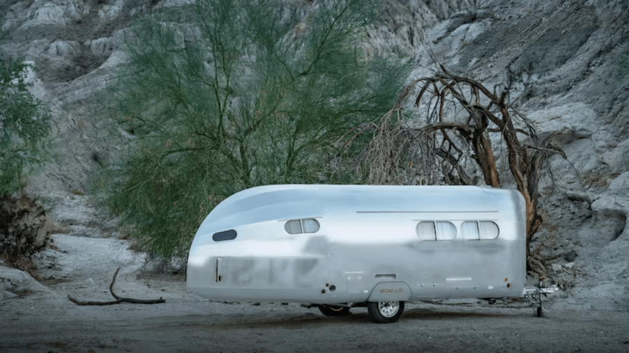 Bowlus luxury camper sitting alone in the desert