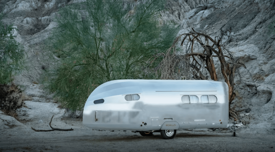 Bowlus luxury camper sitting alone in the desert