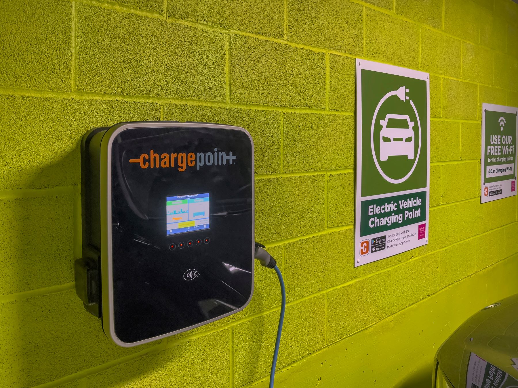 A ChargePoint electric charging station in an underground car park in Newbury, Berkshire, England, U.K.