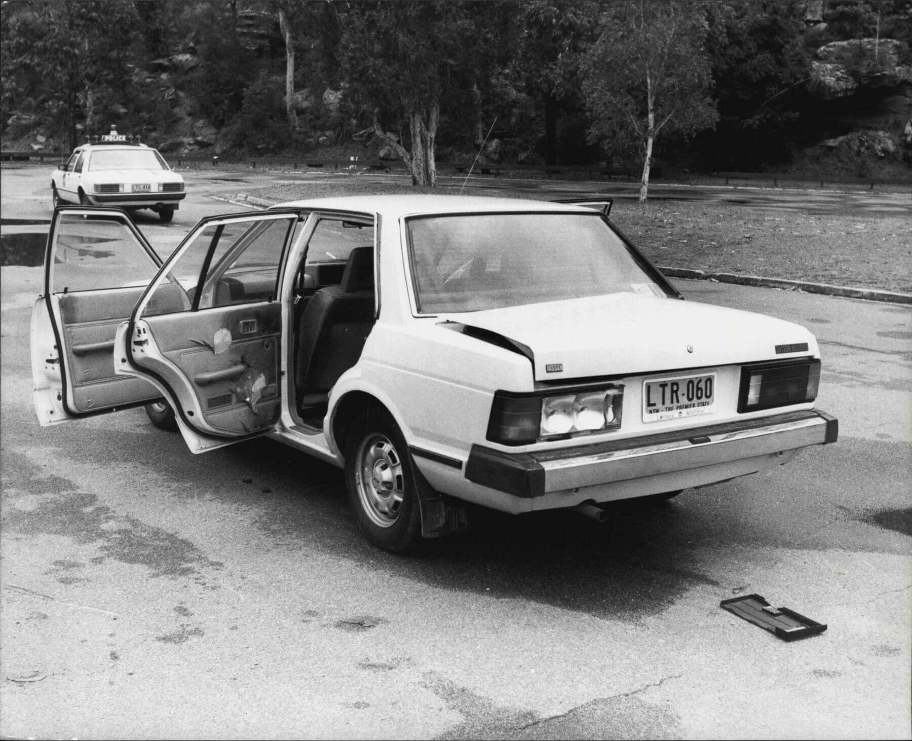 A Datsun Bluebird model pictured in 1983 after a car fire
