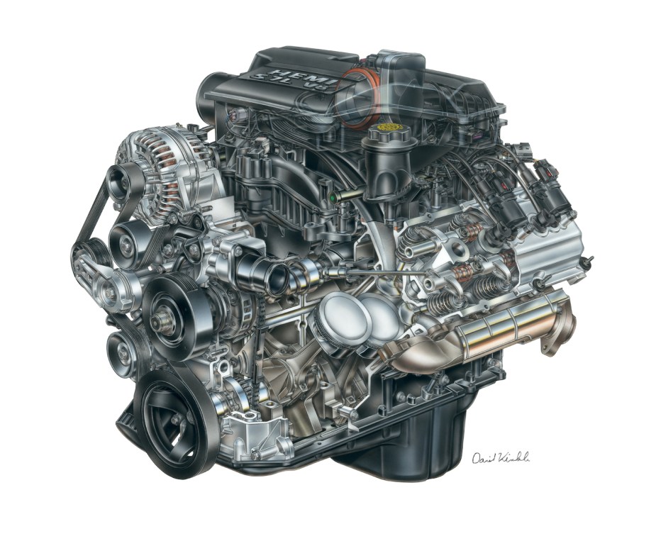 Hand-drawn promo illustration of the 5.7-liter Hemi V8 engine from a Ram 1500 pickup truck.
