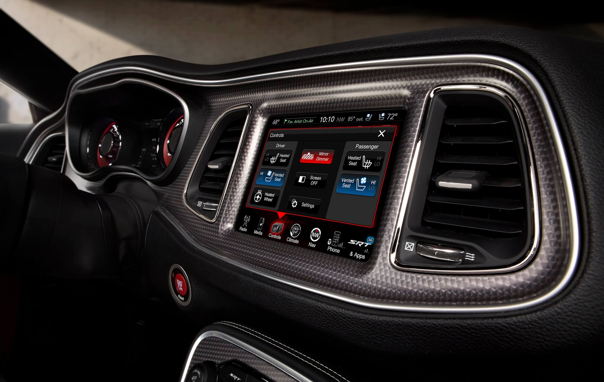 A 2023 Dodge Charger shows off its Uconnect infotainment system with a touchscreen.