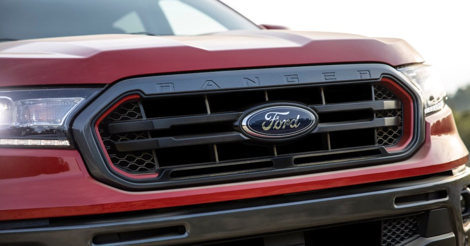 The front end of a Ford Ranger, which is the best Ford truck according to this critic. 